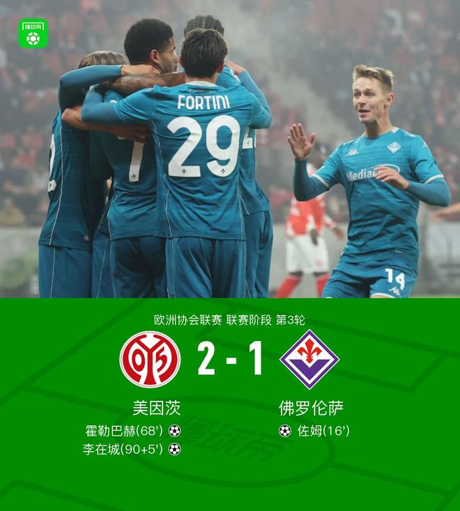 美因茨21逆转佛罗伦萨，李在城替补传射，霍勒巴赫破门