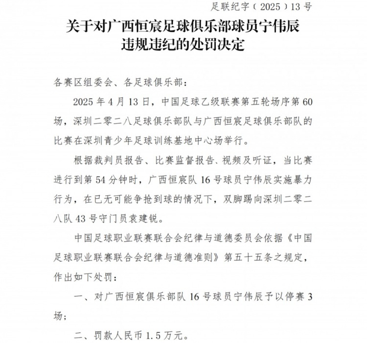 中足联：广西恒宸球员宁伟辰实施暴力行为，禁赛3场+罚款1.5万